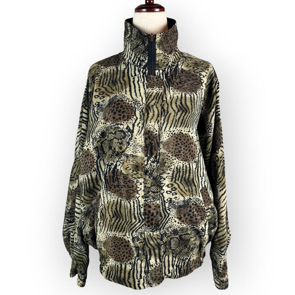 VTG 90's Reversible Animal Print Brown Black Front Zip Womens Lightweight Jacket